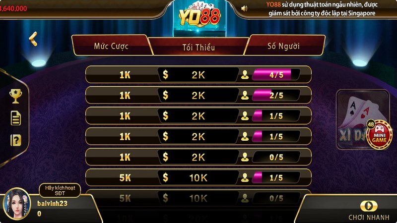 Chinh Phục Xì Dách Yo88 Siêu Đơn Giản, Thắng “Đậm” 5 Bàn cược và số người tham gia để anh em chọn lựa