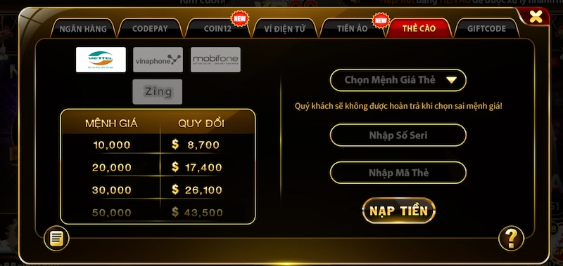 Hướng Dẫn Nạp Tiền Yo88 Nhanh Chóng, An Toàn, Tiện Lợi 5 Nạp tiền Yo88 qua thẻ cào điện thoại